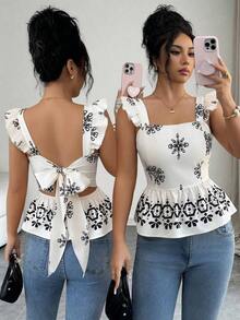 Blusa de manga corta con lazo en la espalda y cintura ceñida, con estampado posicionado en color negro sobre base color albaricoque, para mujer - Albaricoque - Ver 8