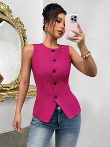 Camisa informal sin mangas de unicolor para el viaje del verano - Rosa Fucsia - Ver 8