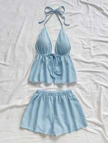 Conjunto de 2 piezas de vacaciones para mujer, top de tirantes con escote en V con textura rojo y shorts sueltos extremadamente cortos, adecuado para citas, fiestas y paseos por la ciudad - Celeste - Ver 5