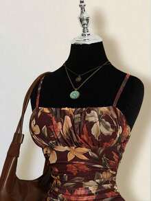 Vestido mini plisado con estampado de hoja de arce vintage para mujer, adecuado para vacaciones de verano y ropa de vuelta al colegio - Marrón - Ver 5