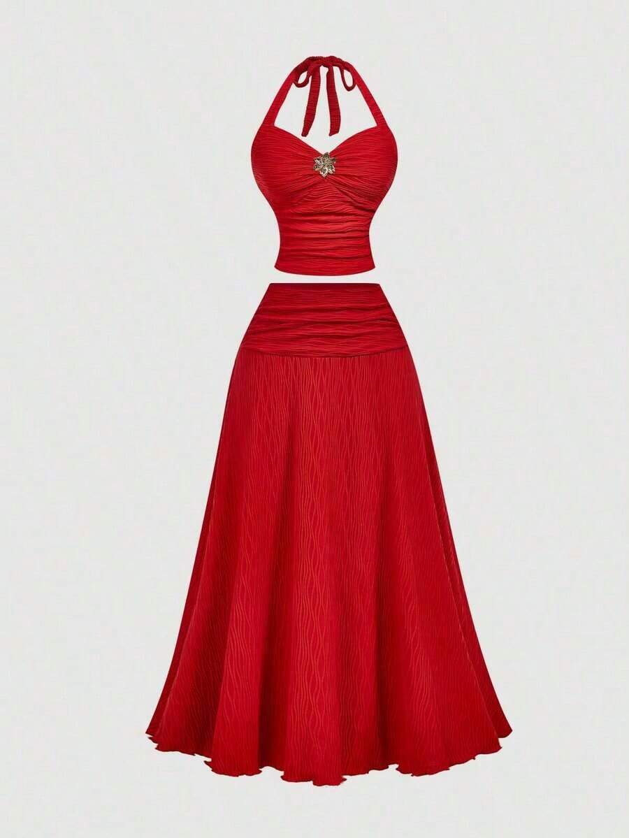 Set de 2 piezas de top halter y minifalda de jacquard para mujer, conjunto de falda y top blanco, ropa de otoño para mujer, atuendo para fiesta, boda, salida, conjunto elegante de mujer, conjunto chic de mujer, ropa de campo para mujer - Rojo - Ver 1