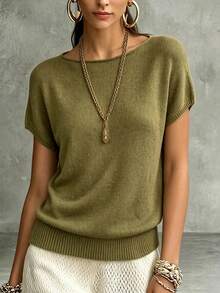 Bohemian Style Spring/Summer New Women's Holiday Olive Green Short Sleeve Knit Top, Boat Neck Design, Loose Raglan Sleeve, Solid Color Ribbed, Suitable For Daily, Commute, Party, Date, Casual, Vacation, Elegant Retro Versatile Simple Green Fashion Women Knit Sweater - Olive Green - View 4