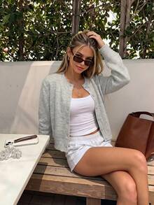 Women's Minimalist Collegiate Style Solid Color Round Neck Cardigan, Front Button Closure, Casual Versatile Long Sleeve, Soft Feminine Knit Sweater In Floral Gray, Comfortable - Grey - View 5