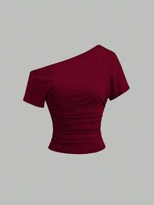 Nueva camiseta casual de primavera/verano para mujer, de estilo elegante y chic de la calle, con hombro asimétrico, ajuste delgado, deportiva, versátil y cómoda - Burdeos - Ver 3