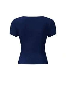 Set de 3 camisetas de mujer de manga corta con cuello en U, tops ajustados y cortos de color liso casual y de moda para el verano - Multicolor 4 - Ver 8