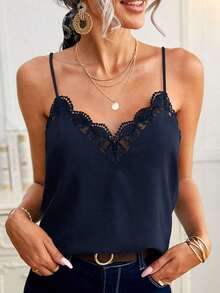 Frenchy Camiseta suelta de encaje con contraste para mujer - Azul marino - Ver 1