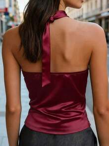 Nueva Blusa Primavera/Verano para Mujer Joven, Diseño de con Tirantes Finos, Decoración con Hebilla Metálica, Blusa Satinada Suave y Cómoda de Lujo en Color Blanco Casual - Burdeos - Ver 3