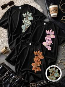 Áo thun ngắn tay nữ họa tiết hoa retro, thích hợp cho mùa hè, đi dự tiệc và mặc hàng ngày. - màu đen - Xem 3