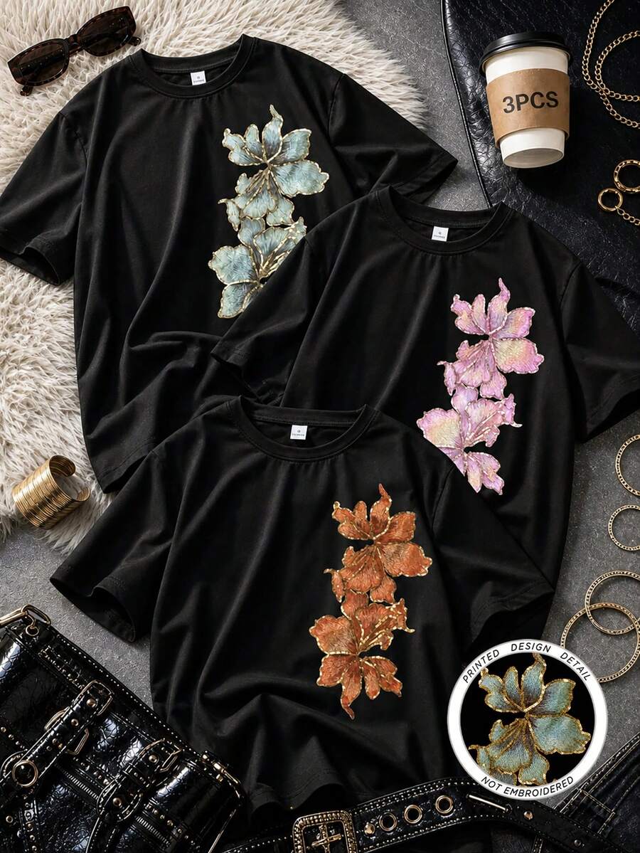 Camiseta de mujer con estampado floral retro de manga corta, adecuada para uso casual de verano, fiestas y uso diario - Negro - Ver 1