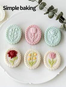 1 Set Floral Pattern Baking Molds, Suitable For Birthday Gifts, Handmade DIY Cookie Molds, Cakes, Cookie Stamps, Holiday Party Mooncakes, Bean Paste Cookies Baking Tools, Vintage Frame Pattern Including Tulips, Anemones And Roses Pattern Cookie Molds, Valentine's Day Cookie Cutters, Baking Production Tools. Arabic Mooncake Molds, Creative Gifts, Exquisite Baking Cutters - View 5