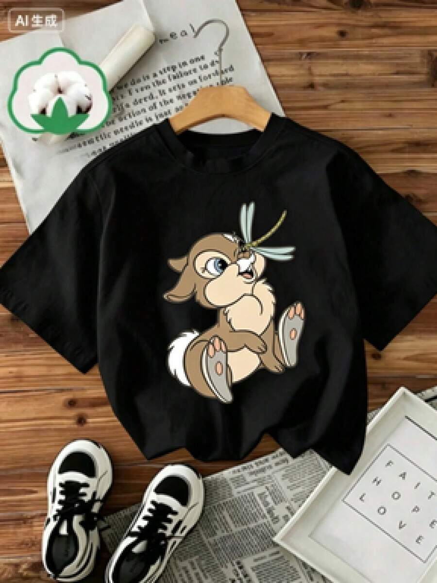 1pc Casual Algodón Camiseta para mujer Deportivo Apto para llevar en primavera verano otoño e invierno Camisetas para parejas con estampado de conejo divertido y libélula estilo animado - Negro - Ver 1