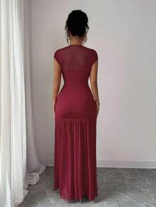 Nuevo vestido largo de moda con cuello alto, sin mangas, rojo sólido, con diseño sexy de malla calada y plisados en corte evasé, adecuado para graduación, eventos festivos y citas - Burdeos - Ver 2
