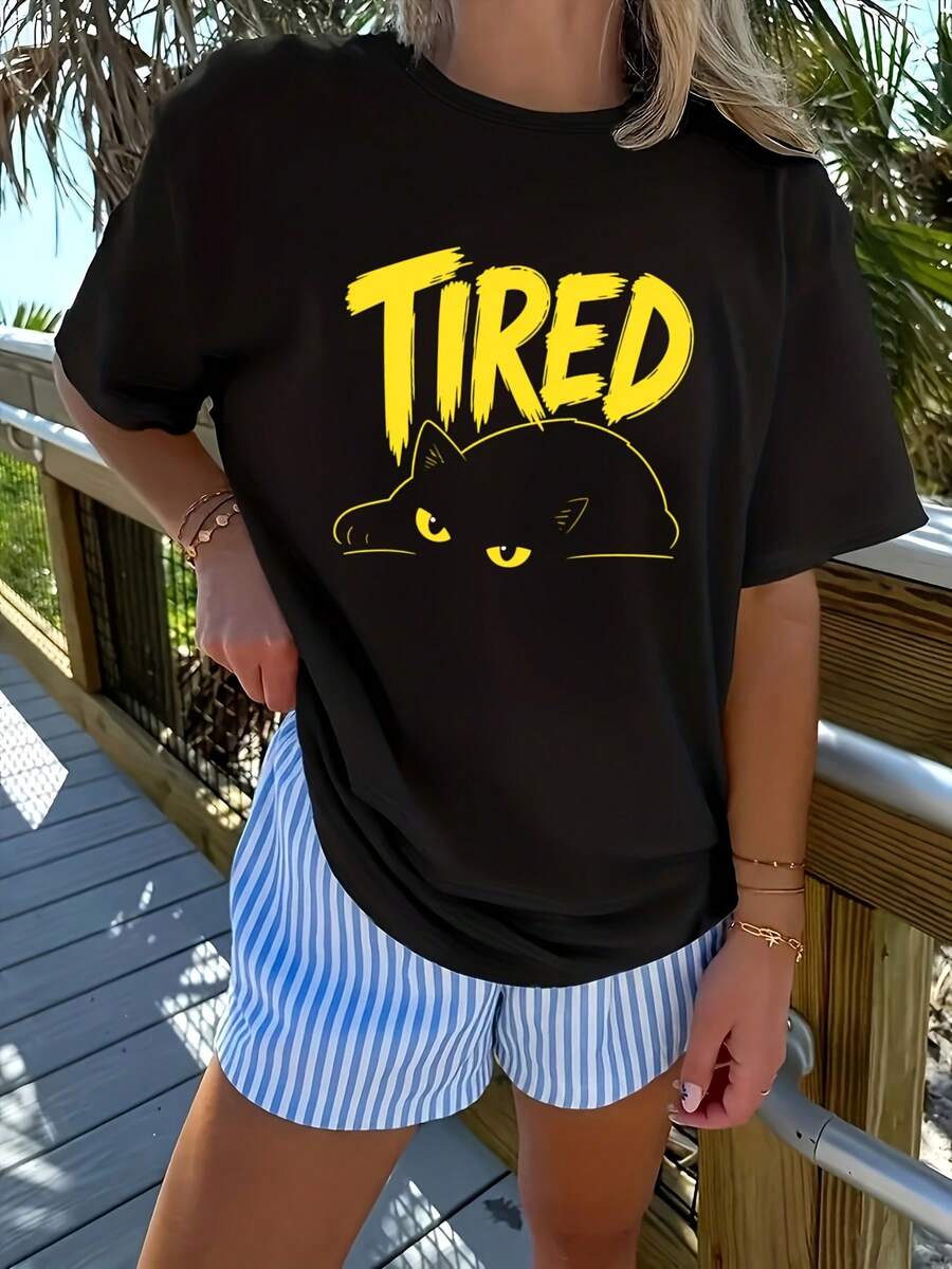 Camiseta amarilla con estampado de gato cansado - Apta para - Blusa casual de manga corta compatible con gato cansado, tela elástica lavable a máquina para atuendo casual y de estar por casa - Negro - Ver 1