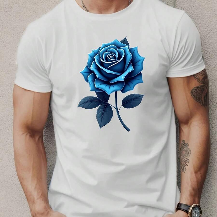 Camiseta de manga corta para hombre, estilo veraniego, estampado de rosas azules grandes, detalles elaborados - forma - Ver 1