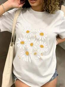 Camiseta Casual de Mujer con Estampado Floral de Margaritas, Cuello Redondo, Manga Corta con Hombros Caídos, Camiseta de Elasticidad Media para Conjuntos de Primavera - Blanco - Ver 1