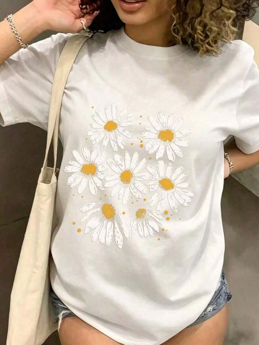 Camiseta Casual de Mujer con Estampado Floral de Margaritas, Cuello Redondo, Manga Corta con Hombros Caídos, Camiseta de Elasticidad Media para Conjuntos de Primavera - Blanco - Ver 1