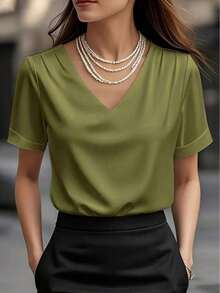 1 pieza Blusa de mujer de unicolor de satén con cuello en V y manga corta, elegante y de moda para uso diario, oficina, hogar, citas, primavera/verano, color negro casual - Verde militar - Ver 1