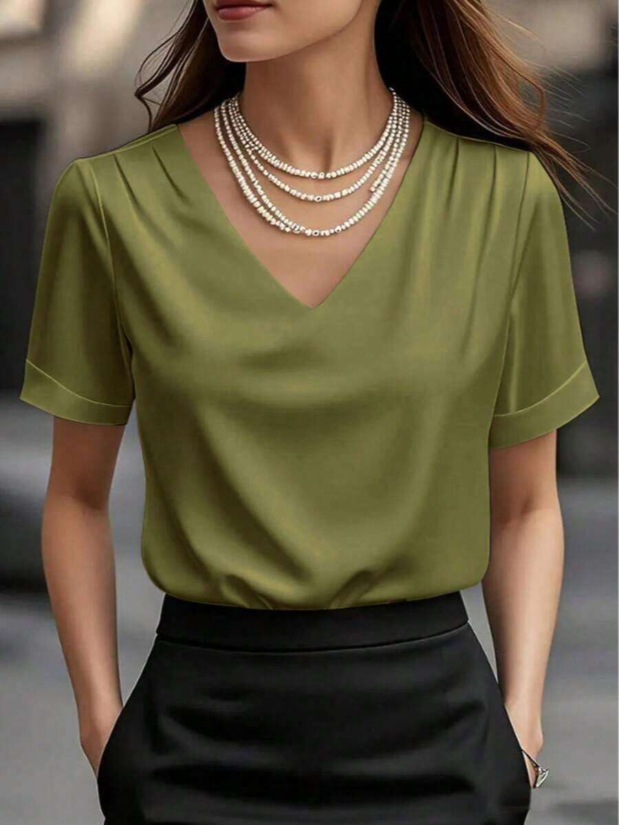 1 pieza Blusa de mujer de unicolor de satén con cuello en V y manga corta, elegante y de moda para uso diario, oficina, hogar, citas, primavera/verano, color negro casual - Verde militar - Ver 1