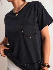 Camiseta casual de talla grande con bolsillo y rayas de contraste, prenda de vestir occidental estilo boho bohemio, top de festival de los 90, verano y primavera - Negro 2 - Ver 1
