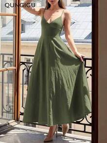 Vestido midi elegante de mujer con cuello en V, vestido de tirantes de mezcla de lino con corte evasé y espalda descubierta, adecuado para vacaciones, playa, boda, fiesta de cóctel - Verde militar - Ver 3