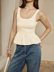 Camiseta sin mangas ajustada al Body con ribete de volantes cuadrado y diseño empalmado de un solo color para mujer en verano - Beis - Ver 7