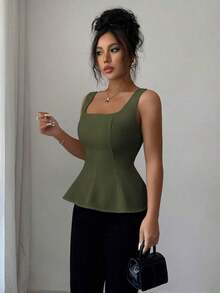 Blusa elegante de cuello cuadrado sin mangas para mujer, adecuada para la oficina, el transporte, el té de la tarde, las fiestas, las vacaciones y ocasiones casuales - Verde militar - Ver 6