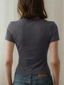 Camiseta de mujer de verano nueva, simple y casual, de corte ceñido y cuello redondo.Versátil y cómoda para el uso diario y las vacaciones. - Gris Oscuro - Ver 3