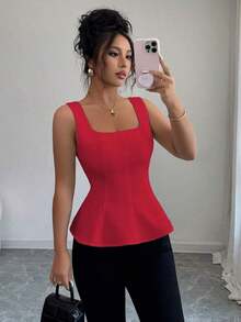 Blusa elegante de cuello cuadrado sin mangas para mujer, adecuada para la oficina, el transporte, el té de la tarde, las fiestas, las vacaciones y ocasiones casuales - Rojo - Ver 1