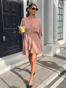 Vestido corto casual y de viaje con cuello en V y estampado de cuadros para mujer - Rosa vieja - Ver 5