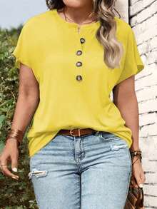 Camiseta de manga corta con botones talla grande - Amarillo - Ver 5