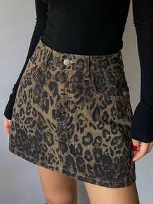 Falda vaquera casual con botones delanteros y bolsillos con estampado de leopardo - Marrón 6 - Ver 6