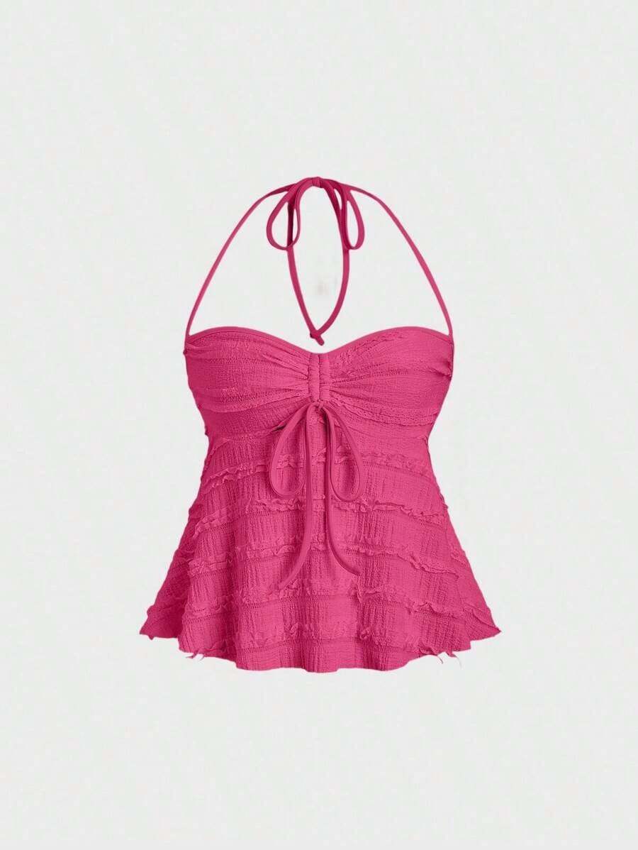 Top de tirantes con cuello halter y pliegues en Y2K - Rosa Fucsia - Ver 1