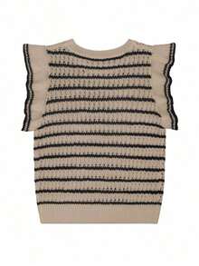 Blusa de mujer de punto a rayas sin mangas, blusa ligera de cuello redondo con volante en el bajo de manga corta, color negro - Multicolor - Ver 3