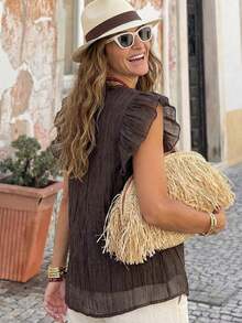 Blusa con lazo elegante para mujer, versátil para el trabajo y el uso casual, verano - Café integral - Ver 2