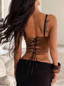 Áo croptop cúp ngực bằng satin màu nâu, áo hai dây cổ hình trái tim xếp ly, trang phục dự tiệc/club phong cách Y2K, trang phục hẹn hò thanh lịch. - cà phê - Xem 6