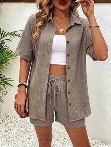 Conjunto de 2 piezas con blusa de manga corta de cuello de botones y shorts con lazo delantero, sencillo, para mujer - Caqui - Ver 4