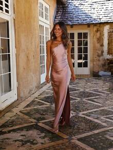 Vestido de satén elegante con hombro descubierto corte ajustado estilo glamour - Rosa - Ver 1