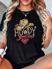 Women's Western Cowboy Graphic T-Shirt - Casual Short Sleeve Crew Neck T-Shirt With Cowboy Hat And Bandana Design, Black, Spring Summer Fashion, Ladies' T-Shirts - 白色 - 查看 6