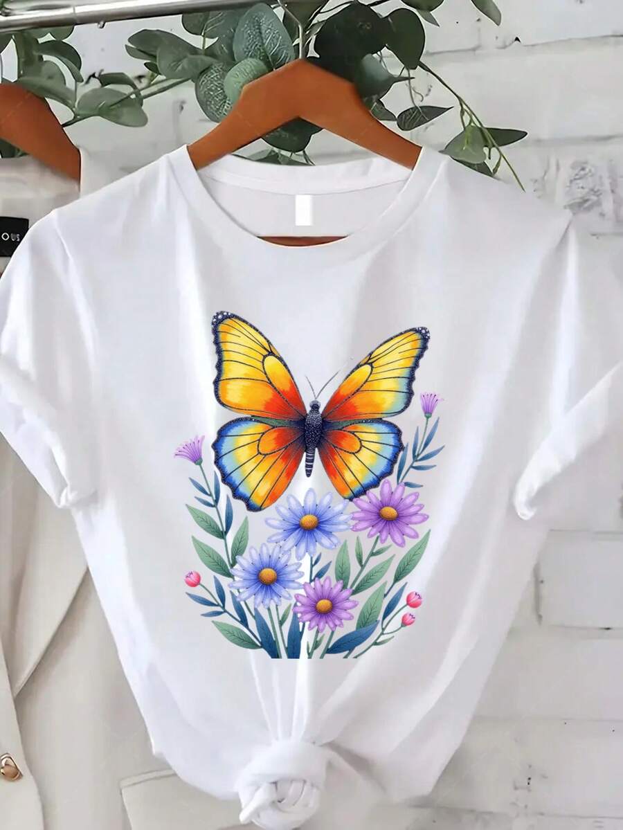 Women's Classic Plus-Size T-Shirt, Colorful Butterfly And Flower Print Tee, Casual Summer Top For Women, Nature-Inspired Design Print Tee, Short-Sleeved Crew Neck Top, Suitable For Summer/Autumn Wear, The Best Gift For Thanksgiving, Christmas, And New Year's. A Hit! - 白色 - 查看 1