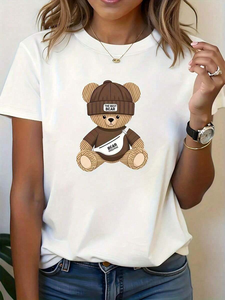 Camisetas de manga corta de talla grande, suaves y transpirables para mujer - Tops casuales de ajuste holgado para uso diario, camiseta con estampado de oso - Ropa deportiva de verano de manga corta, suave, transpirable y cómoda, de poliéster, fácil de cuidar, de secado rápido, adecuada para actividades al aire libre y uso casual, estilo casual, transpirable y cómoda. - Blanco - Ver 1