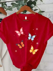 Camiseta Clásica de Talla Grande para Mujer con Estampado de Mariposas - Holgada, ligera, de manga corta y cuello redondo, ideal para primavera y otoño, estilo casual urbano con diseño de alas de mariposa, adecuada para primavera, verano y otoño, un excelente regalo para el Día de Acción de Gracias y Navidad. Éxito de . - Rojo - Ver 7