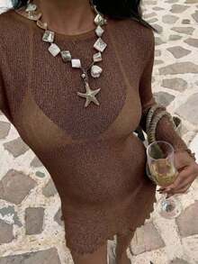 Vestido de cárdigan de punto corto con cuello redondo y manga larga, calado en rosa.Vestido de punto elegante, casual y cómodo para mujer, ideal para primavera/verano, para usar en la playa, resort, fiestas de traje de baño o vacaciones.Diseño minimalista de unicolor y falda corta. - Marrón - Ver 2