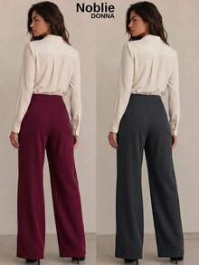 Set Of 2 Tailored Wide Leg High-Waisted Palazzo Pants, Elegant, With Front Button - 1 BLACK 1 WINE - View 2