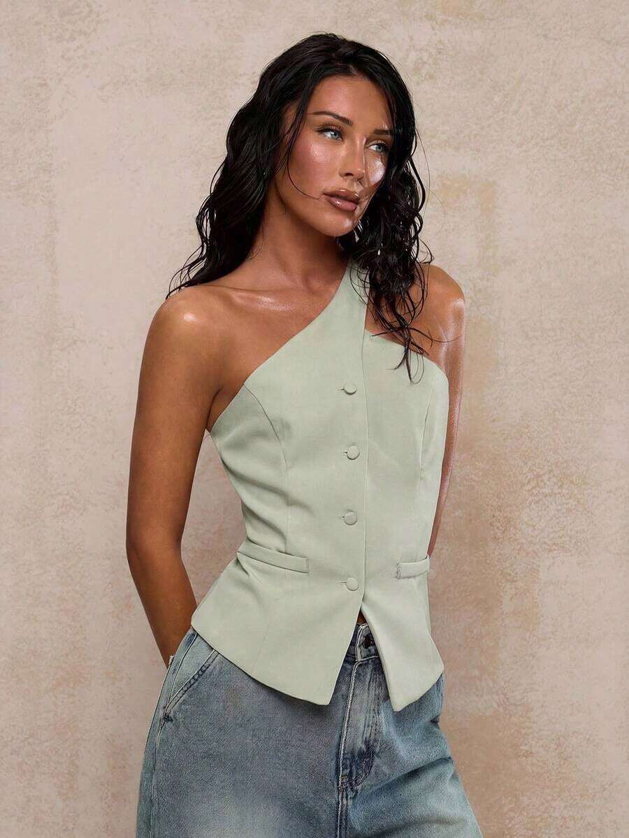 Blazer informal sin mangas de color albaricoque para mujer, conjunto de verano versátil - Verde - Ver 1
