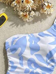 Traje de baño de una pieza con estampado todo sobre con cordón lateral para mujer, ideal para vacaciones y playa - Celeste - Ver 3