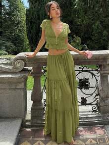Spring And Summer New V-Neck  Pleated Dress Casual Loose Holiday Dress Two-Piece Set - vàng lục - Xem 5