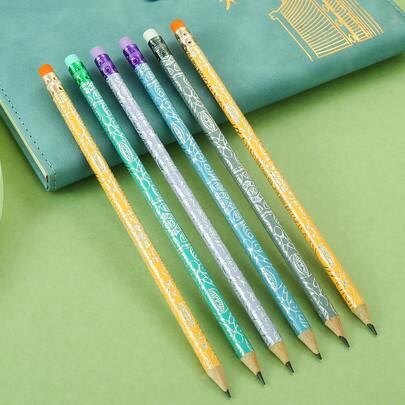 5pcs Glitter Colored Pencils With Erasers, Multi-Color Pencils, Learning Supplies, School Stationery, Writing & Drawing, Erasable, Writing Supplies