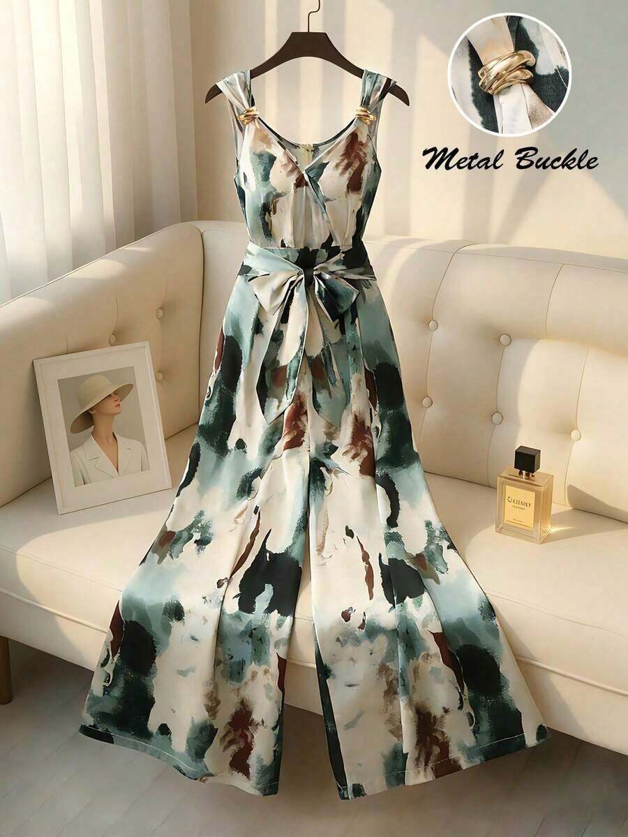 Nuevo vestido de satén con efecto de tinte de tinta para el verano: Escote cruzado en V + Tirantes con hebilla metálica + Diseño de cordón en la cintura, Tela brillante y lujosa que estiliza y favorece, Adecuado para citas, vacaciones, ir al trabajo, Estampado vintage de estilo chino + Falda maxi fluida, Mono elegante de alta calidad adecuado para todo tipo de Body - Multicolor - Ver 1