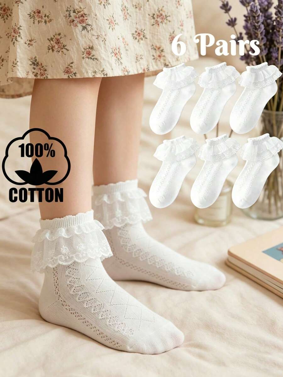 6 Pairs Children Cotton Lace Trim Princess Double Layer Floral Dance Ankle Socks - White - View 1