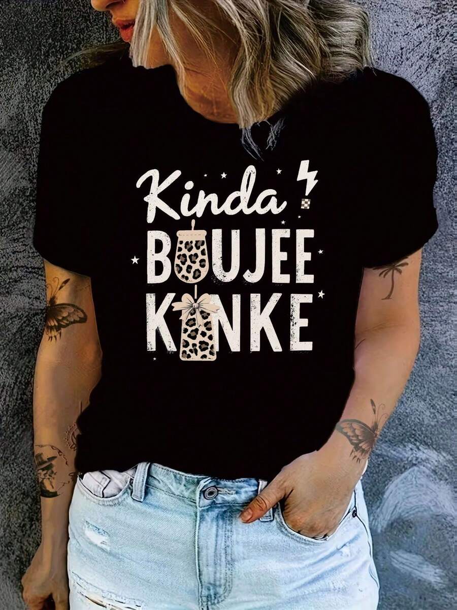 PremiumCamiseta Kinda BOUJEE KINK E con estampado de leopardo, taza de café, pajita, lazo, estrella y rayo, camiseta de moda casual con cuello redondo, diseño divertido y único para mujer.Nueva llegada - Negro - Ver 1